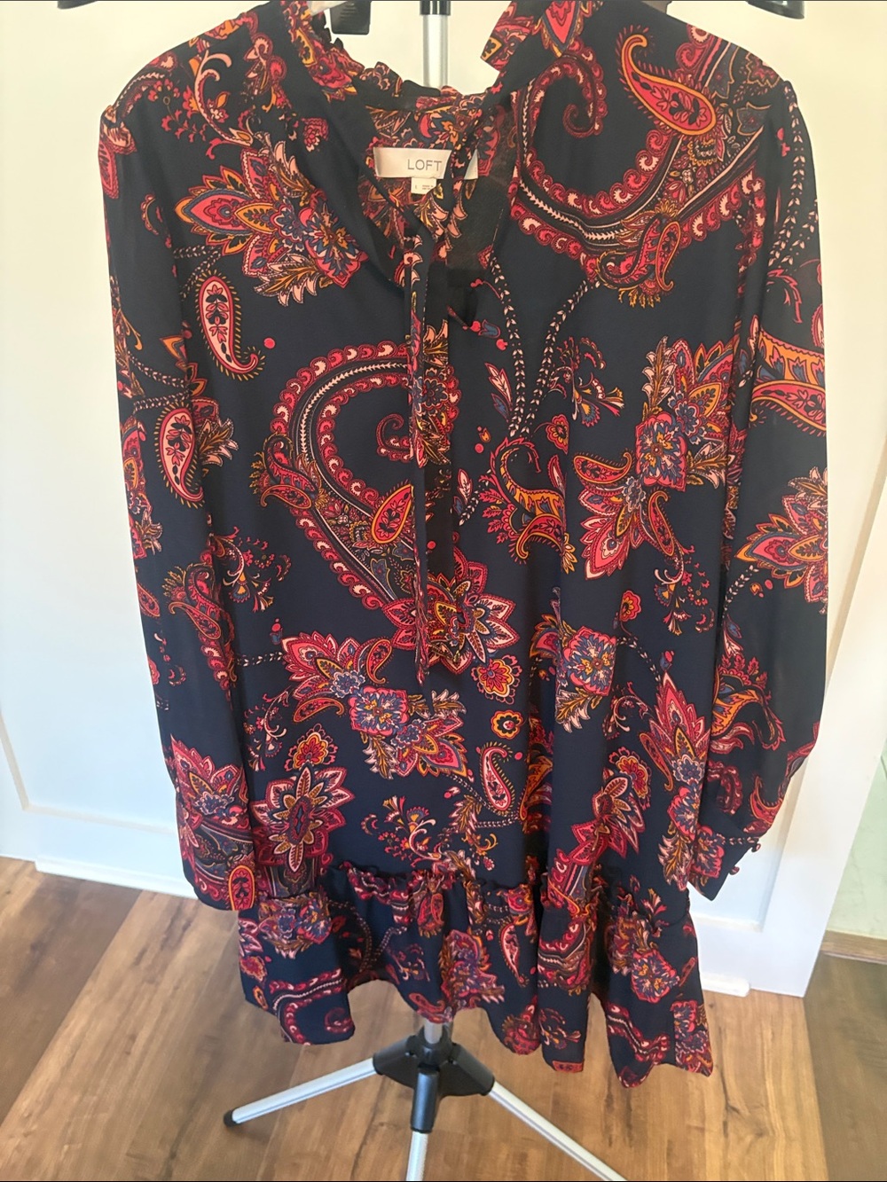 LOFT Black Paisley Long-Sleeve Tie-Neck Dress with Red & Orange Accents